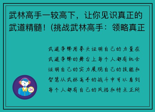 武林高手一较高下,让你见识真正的武道精髓!(挑战武林高手:领略真正的武道精髓!)